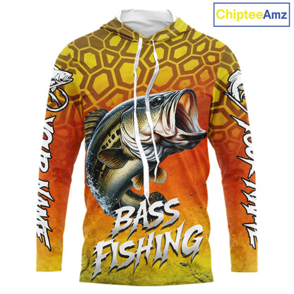 Personalized Bass Fishing Long Sleeve Hooded Fishing Shirt Yellow Camo, Bass Fishing Shirts NBT459