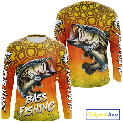Personalized Bass Fishing Long Sleeve Fishing Shirt Yellow Camo, Bass Fishing Shirts NBT459
