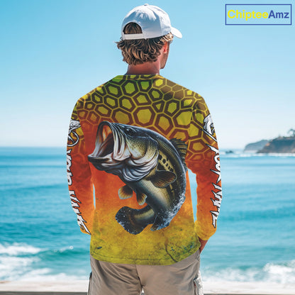 Personalized Bass Fishing Long Sleeve Fishing Shirt Yellow Camo, Bass Fishing Shirts NBT459