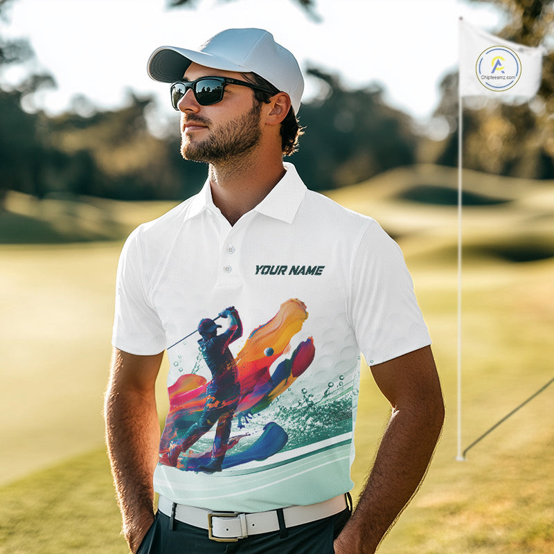 Mens Golf Polo Shirt Watercolor Custom Name White Golf Shirt, Golf Outfits NBT714