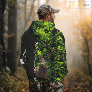 Green Camo Deer Hunting Hoodie, Longsleeve Shirt for Deer Season, Hunting Gifts for Men NBT10
