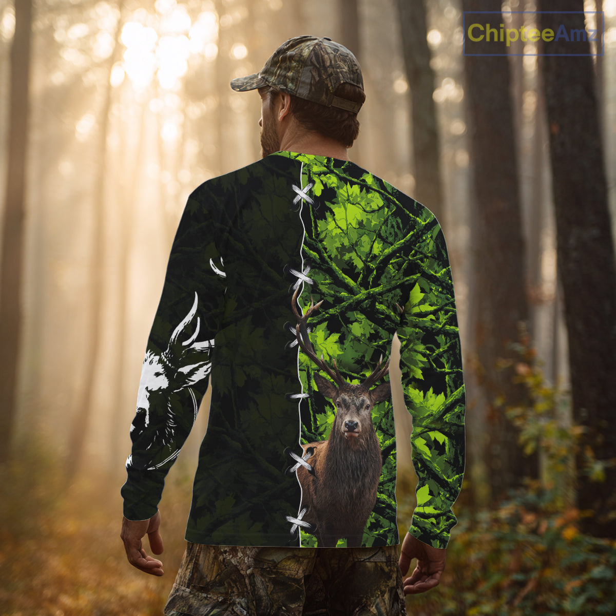 Green Camo Deer Hunting Hoodie, Longsleeve Shirt for Deer Season, Hunting Gifts for Men NBT10