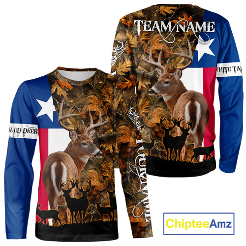 Texas Flag Fall Camo Whitetail Deer Hunting Hoodie, Longsleeve Shirt - Personalized Name Option NBT12