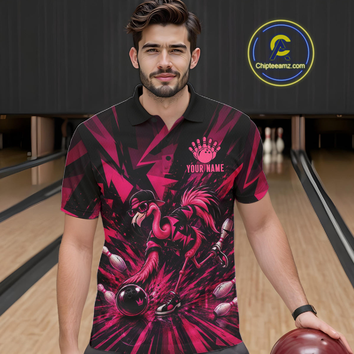 Funny Pink Flamingo Custom Polo & 1/4 Quarter Zip Bowling Shirts For Men, Flamingo Bowling Team Outfits NBT1040