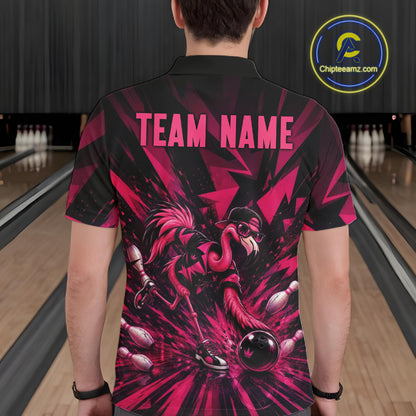 Funny Pink Flamingo Custom Polo & 1/4 Quarter Zip Bowling Shirts For Men, Flamingo Bowling Team Outfits NBT1040