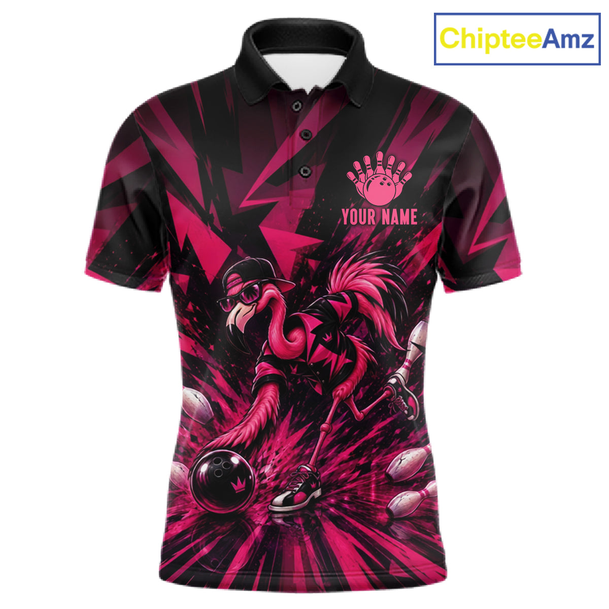 Funny Pink Flamingo Custom Polo & 1/4 Quarter Zip Bowling Shirts For Men, Flamingo Bowling Team Outfits NBT1040