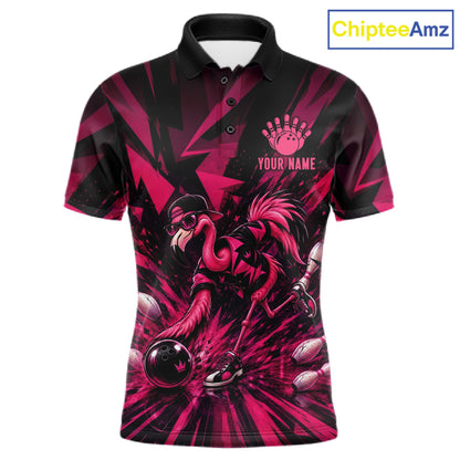 Funny Pink Flamingo Custom Polo & 1/4 Quarter Zip Bowling Shirts For Men, Flamingo Bowling Team Outfits NBT1040