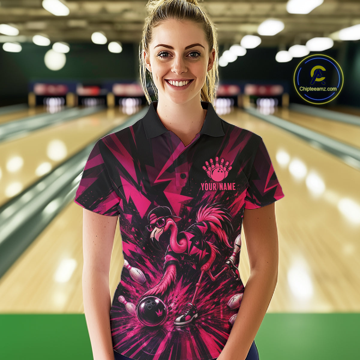 Funny Pink Flamingo Custom Polo & 1/4 Quarter Zip Bowling Shirts For Women, Flamingo Bowling Team Outfits NBT1040