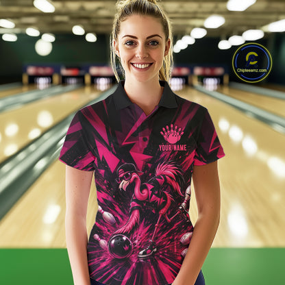 Funny Pink Flamingo Custom Polo & 1/4 Quarter Zip Bowling Shirts For Women, Flamingo Bowling Team Outfits NBT1040