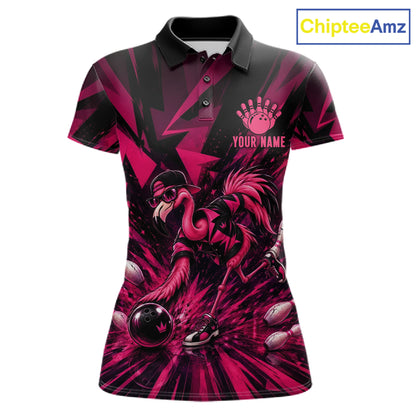 Funny Pink Flamingo Custom Polo & 1/4 Quarter Zip Bowling Shirts For Women, Flamingo Bowling Team Outfits NBT1040