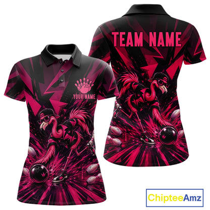 Funny Pink Flamingo Custom Polo & 1/4 Quarter Zip Bowling Shirts For Women, Flamingo Bowling Team Outfits NBT1040