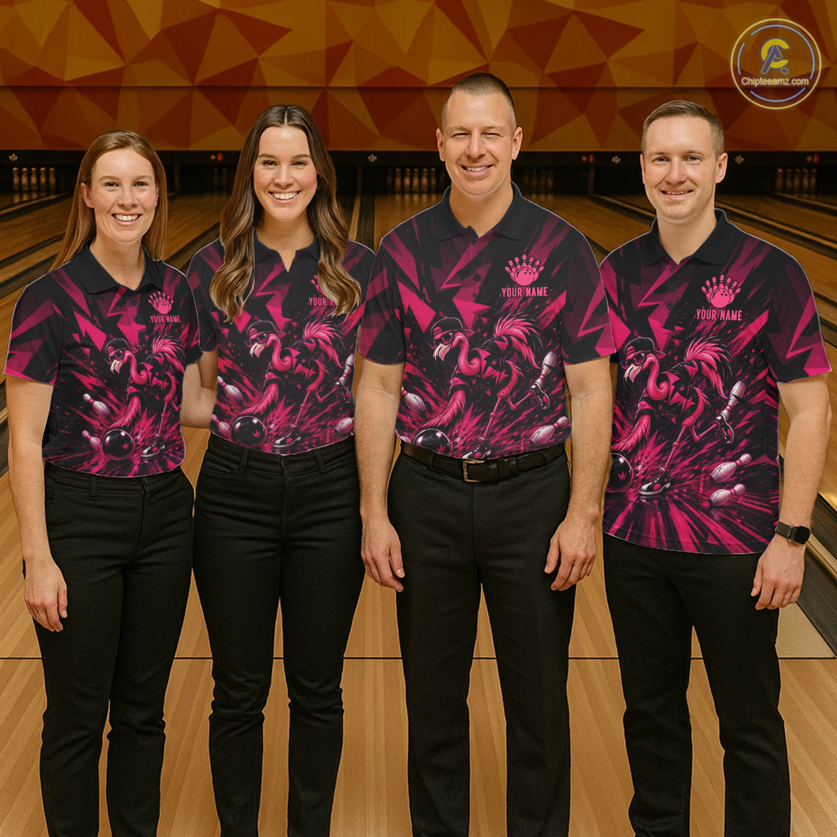 Funny Pink Flamingo Custom Polo & 1/4 Quarter Zip Bowling Shirts For Men, Flamingo Bowling Team Outfits NBT1040