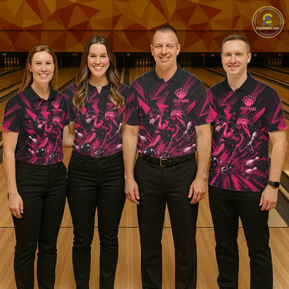 Funny Pink Flamingo Custom Polo & 1/4 Quarter Zip Bowling Shirts For Men, Flamingo Bowling Team Outfits NBT1040