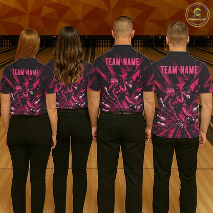 Funny Pink Flamingo Custom Polo & 1/4 Quarter Zip Bowling Shirts For Men, Flamingo Bowling Team Outfits NBT1040