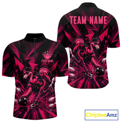 Funny Pink Flamingo Custom Polo & 1/4 Quarter Zip Bowling Shirts For Men, Flamingo Bowling Team Outfits NBT1040