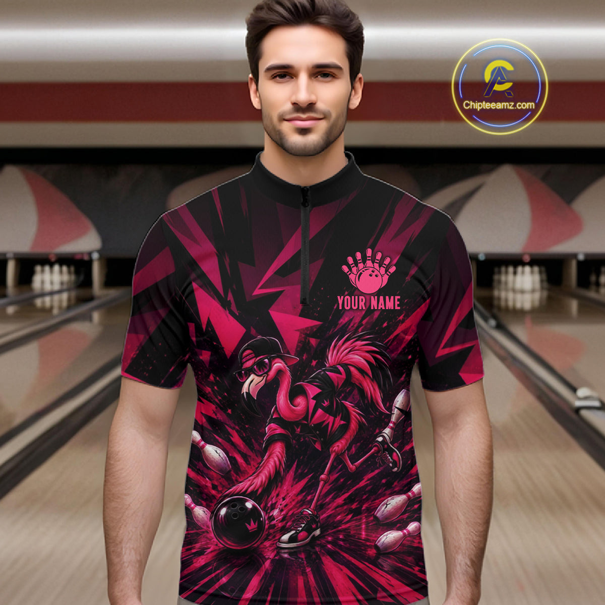 Funny Pink Flamingo Custom Polo & 1/4 Quarter Zip Bowling Shirts For Men, Flamingo Bowling Team Outfits NBT1040