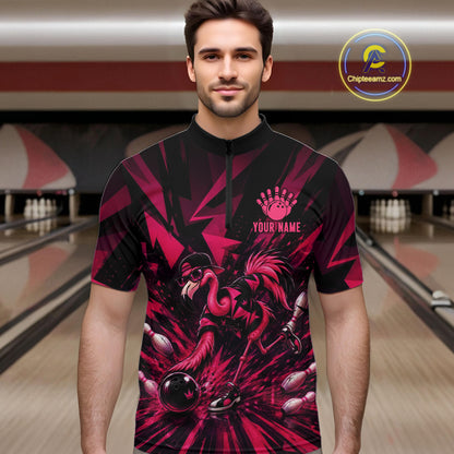 Funny Pink Flamingo Custom Polo & 1/4 Quarter Zip Bowling Shirts For Men, Flamingo Bowling Team Outfits NBT1040