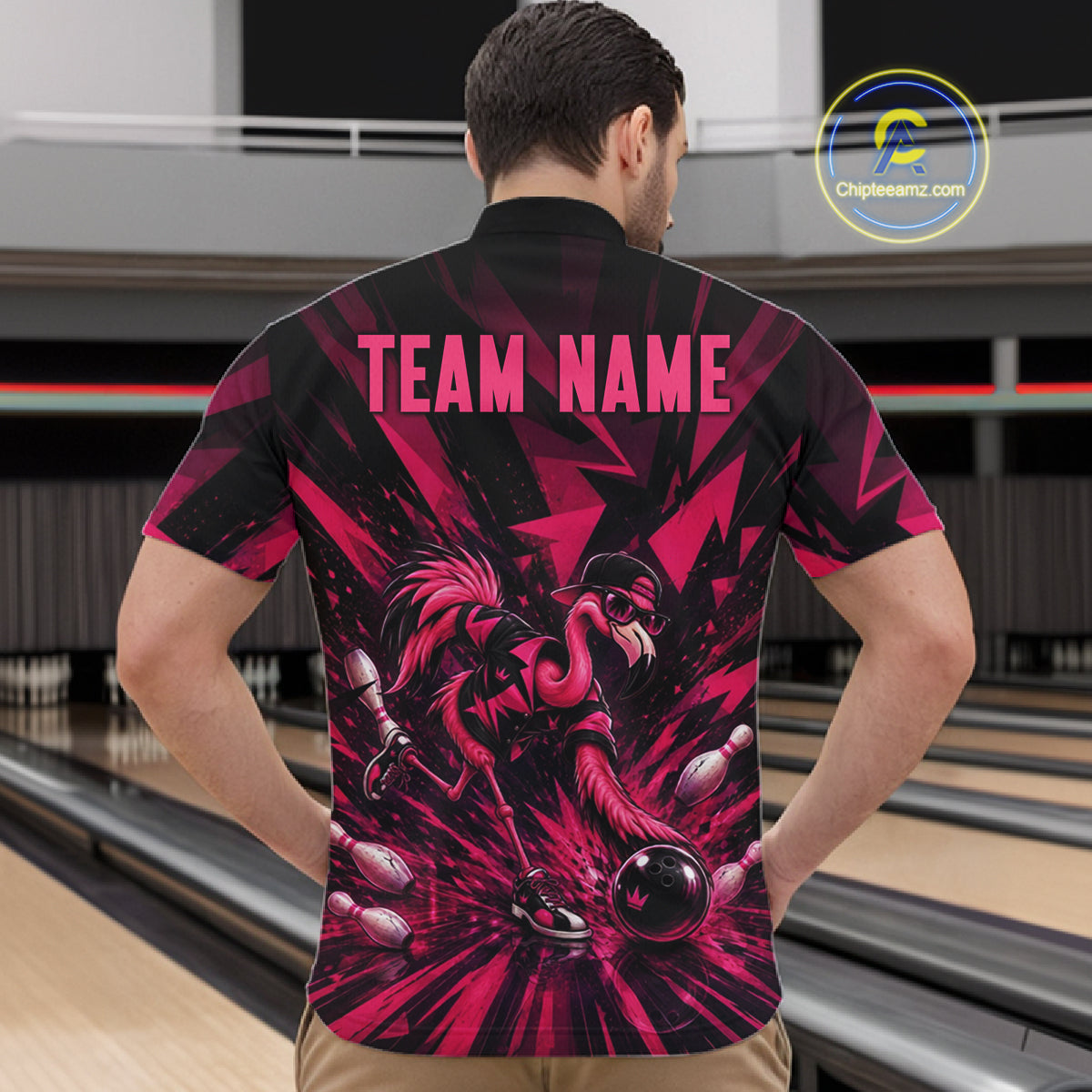Funny Pink Flamingo Custom Polo & 1/4 Quarter Zip Bowling Shirts For Men, Flamingo Bowling Team Outfits NBT1040