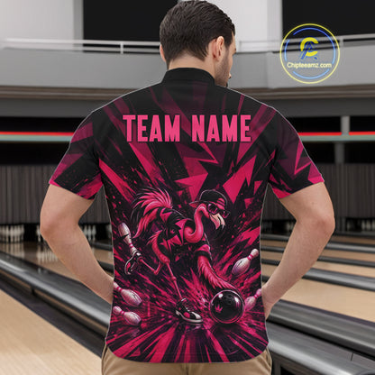 Funny Pink Flamingo Custom Polo & 1/4 Quarter Zip Bowling Shirts For Men, Flamingo Bowling Team Outfits NBT1040