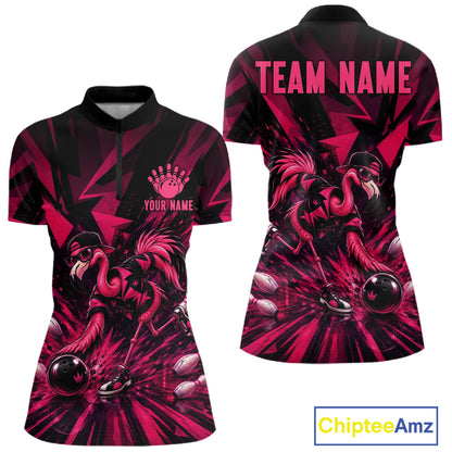 Funny Pink Flamingo Custom Polo & 1/4 Quarter Zip Bowling Shirts For Women, Flamingo Bowling Team Outfits NBT1040