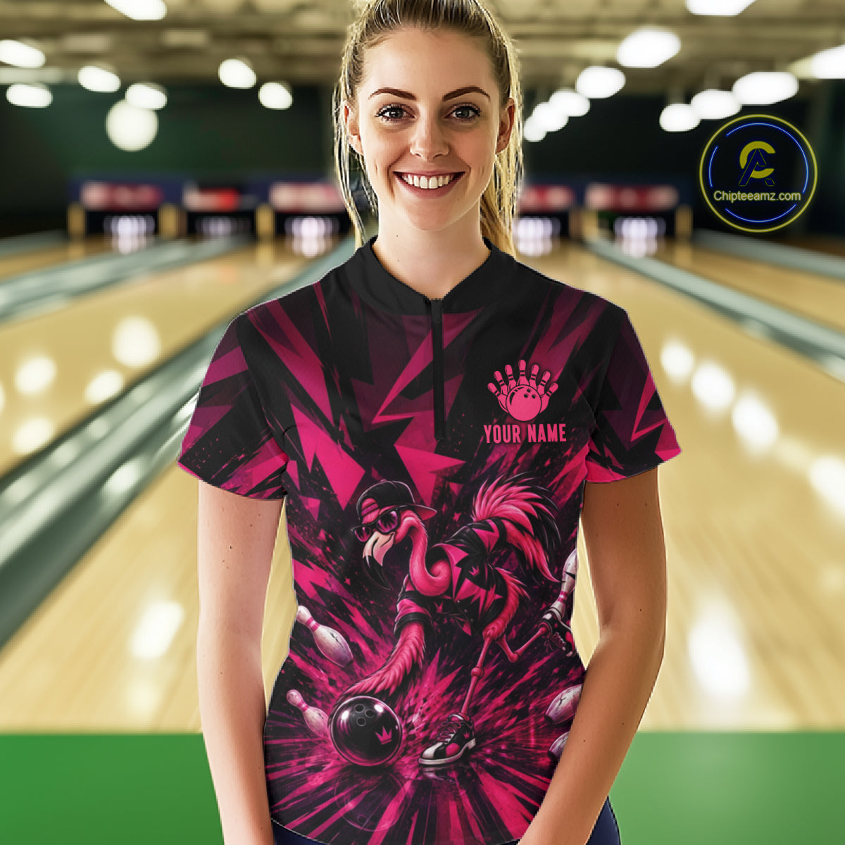 Funny Pink Flamingo Custom Polo & 1/4 Quarter Zip Bowling Shirts For Women, Flamingo Bowling Team Outfits NBT1040