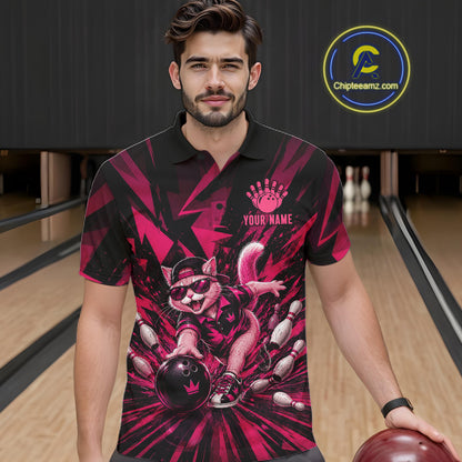 Funny Pink Cat Custom Polo & 1/4 Quarter Zip Bowling Shirts For Men, Cat Bowling Team Outfits NBT1041