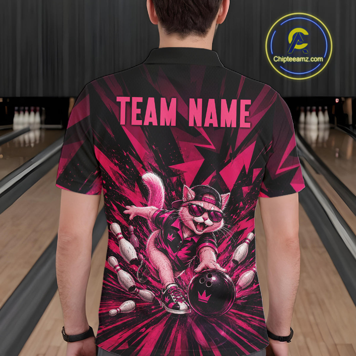 Funny Pink Cat Custom Polo & 1/4 Quarter Zip Bowling Shirts For Men, Cat Bowling Team Outfits NBT1041