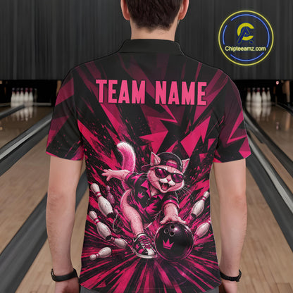 Funny Pink Cat Custom Polo & 1/4 Quarter Zip Bowling Shirts For Men, Cat Bowling Team Outfits NBT1041