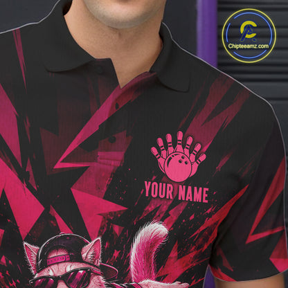Funny Pink Cat Custom Polo & 1/4 Quarter Zip Bowling Shirts For Men, Cat Bowling Team Outfits NBT1041