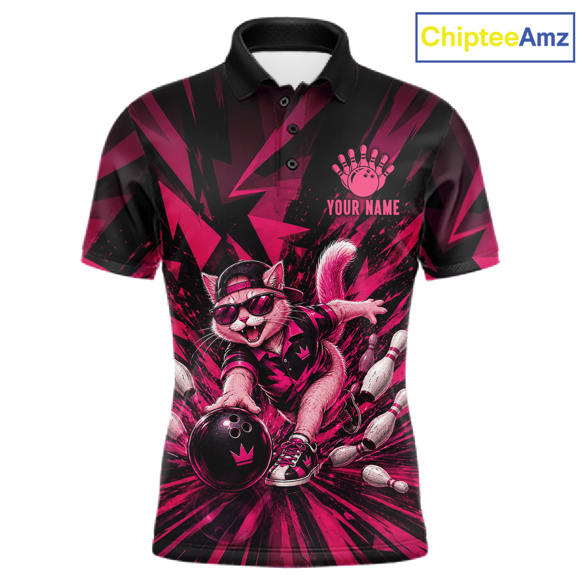 Funny Pink Cat Custom Polo & 1/4 Quarter Zip Bowling Shirts For Men, Cat Bowling Team Outfits NBT1041