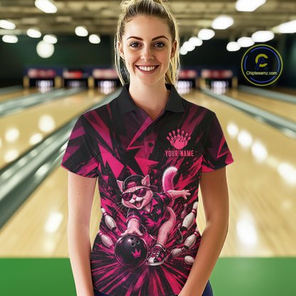Funny Pink Cat Custom Polo & 1/4 Quarter Zip Bowling Shirts For Women, Cat Bowling Team Outfits NBT1041