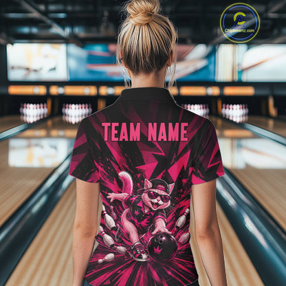 Funny Pink Cat Custom Polo & 1/4 Quarter Zip Bowling Shirts For Women, Cat Bowling Team Outfits NBT1041
