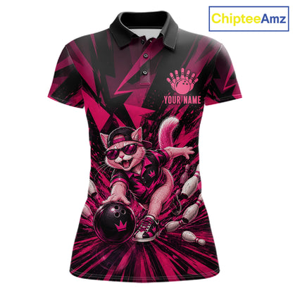 Funny Pink Cat Custom Polo & 1/4 Quarter Zip Bowling Shirts For Women, Cat Bowling Team Outfits NBT1041