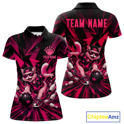 Funny Pink Cat Custom Polo & 1/4 Quarter Zip Bowling Shirts For Women, Cat Bowling Team Outfits NBT1041