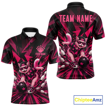 Funny Pink Cat Custom Polo & 1/4 Quarter Zip Bowling Shirts For Men, Cat Bowling Team Outfits NBT1041