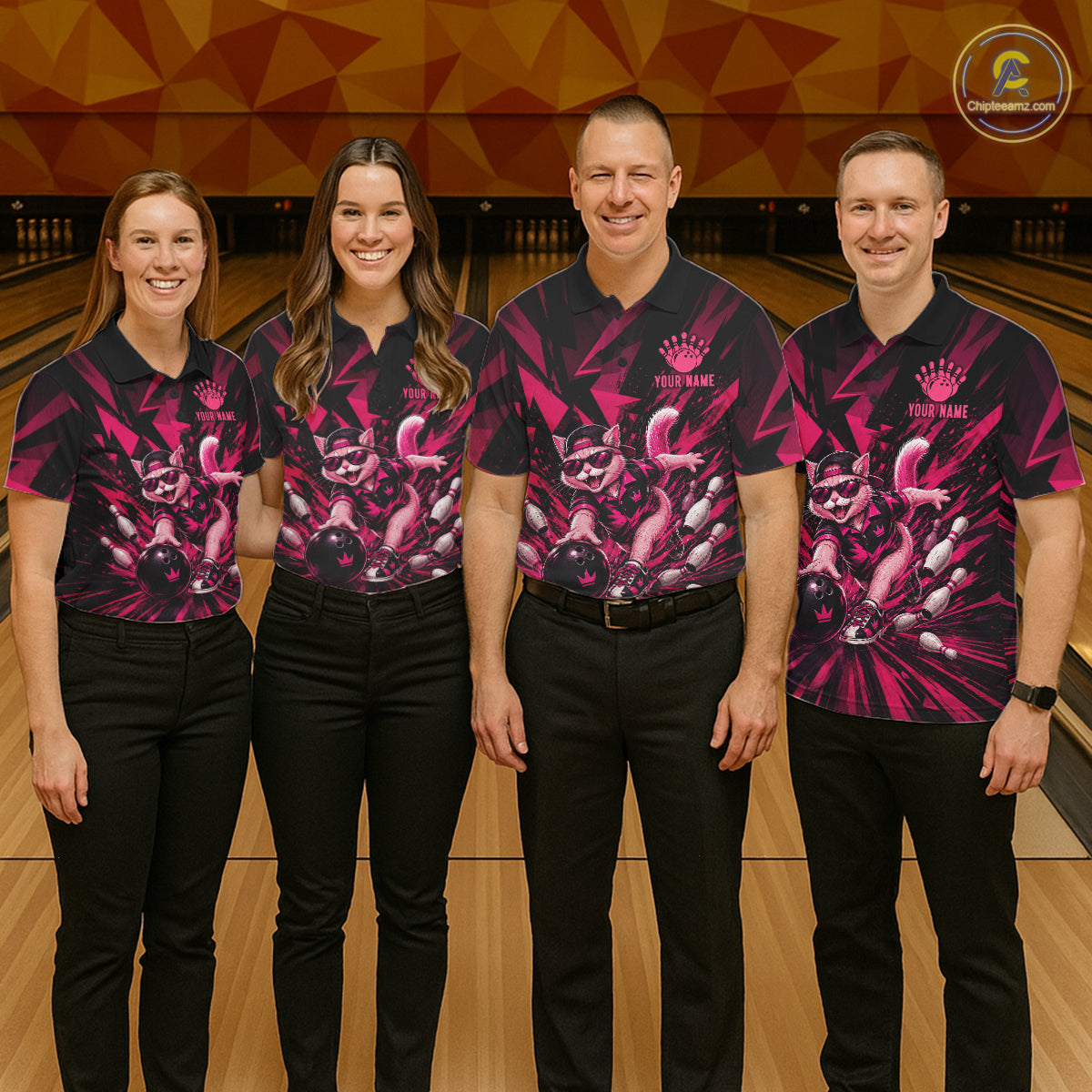 Funny Pink Cat Custom Polo & 1/4 Quarter Zip Bowling Shirts For Men, Cat Bowling Team Outfits NBT1041