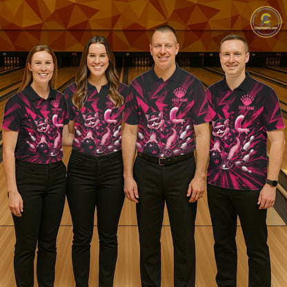 Funny Pink Cat Custom Polo & 1/4 Quarter Zip Bowling Shirts For Men, Cat Bowling Team Outfits NBT1041