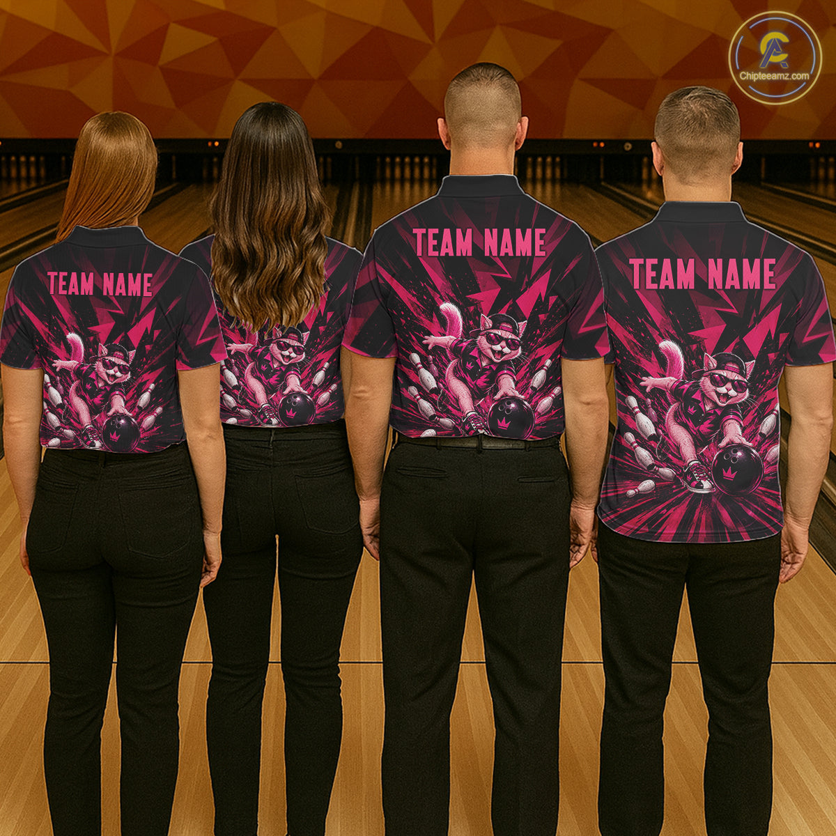 Funny Pink Cat Custom Polo & 1/4 Quarter Zip Bowling Shirts For Men, Cat Bowling Team Outfits NBT1041