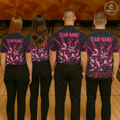 Funny Pink Cat Custom Polo & 1/4 Quarter Zip Bowling Shirts For Men, Cat Bowling Team Outfits NBT1041