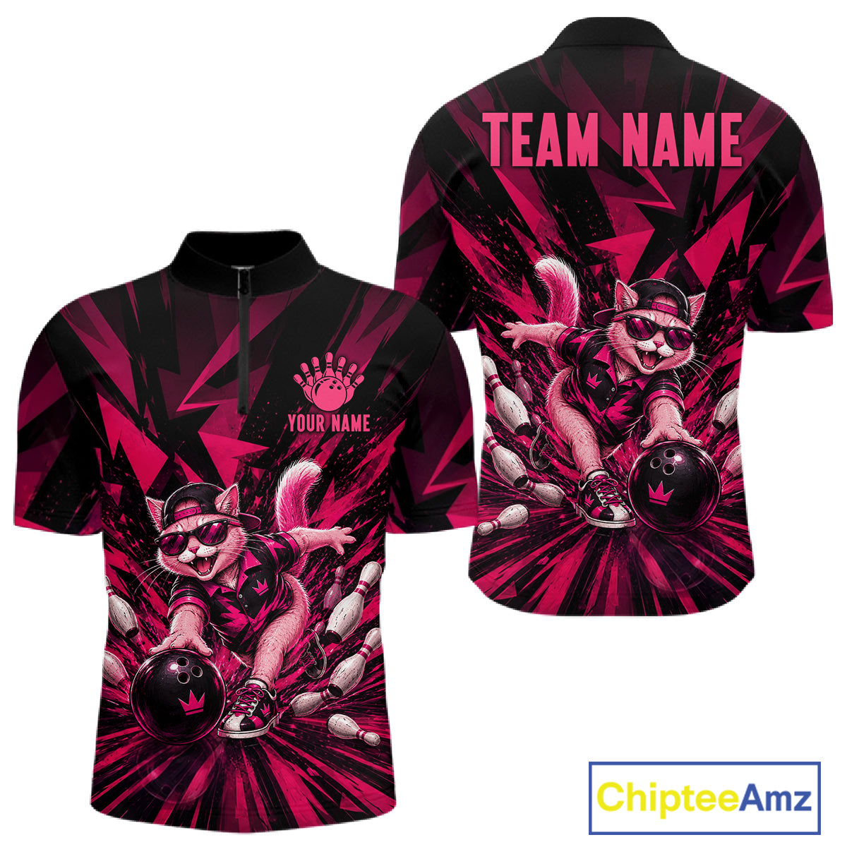 Funny Pink Cat Custom Polo & 1/4 Quarter Zip Bowling Shirts For Men, Cat Bowling Team Outfits NBT1041