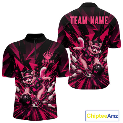 Funny Pink Cat Custom Polo & 1/4 Quarter Zip Bowling Shirts For Men, Cat Bowling Team Outfits NBT1041