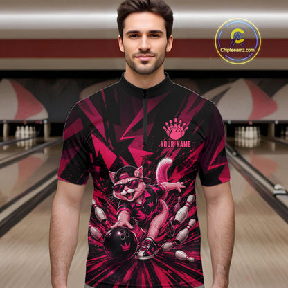 Funny Pink Cat Custom Polo & 1/4 Quarter Zip Bowling Shirts For Men, Cat Bowling Team Outfits NBT1041