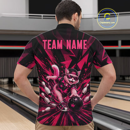 Funny Pink Cat Custom Polo & 1/4 Quarter Zip Bowling Shirts For Men, Cat Bowling Team Outfits NBT1041