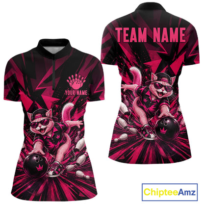 Funny Pink Cat Custom Polo & 1/4 Quarter Zip Bowling Shirts For Women, Cat Bowling Team Outfits NBT1041
