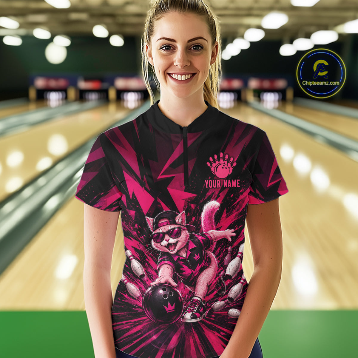 Funny Pink Cat Custom Polo & 1/4 Quarter Zip Bowling Shirts For Women, Cat Bowling Team Outfits NBT1041