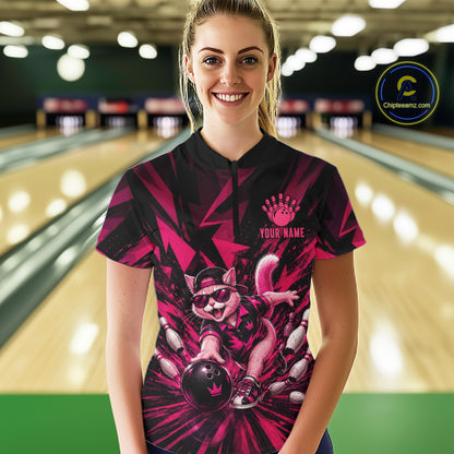 Funny Pink Cat Custom Polo & 1/4 Quarter Zip Bowling Shirts For Women, Cat Bowling Team Outfits NBT1041
