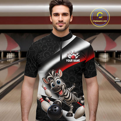 Funny Zebra Bowling Team Shirt For Men Custom Bowling League Outfit Polo & 1/4 Quarter Zip NBT1043