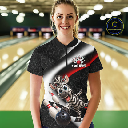 Funny Zebra Bowling Team Shirt For Women Custom Bowling League Outfit Polo & 1/4 Quarter Zip NBT1043