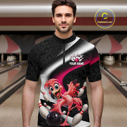 Funny Flamingo Bowling Team Shirt For Men Custom Bowling League Outfit Polo & 1/4 Quarter Zip NBT1044