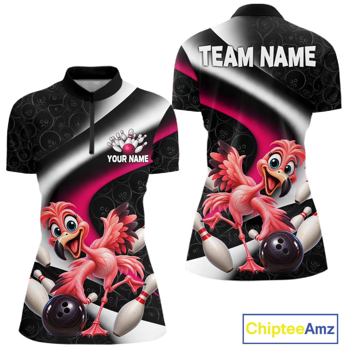 Funny Flamingo Bowling Team Shirt For Women Custom Bowling League Outfit Polo & 1/4 Quarter Zip NBT1044